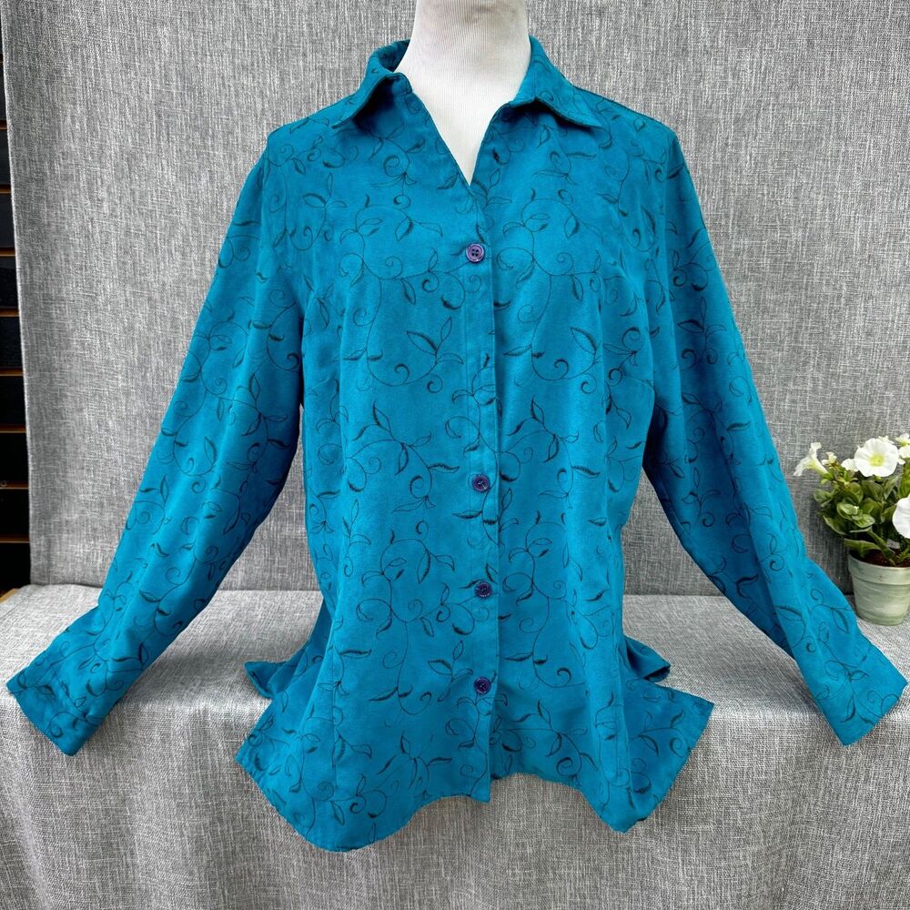 Sag Harbor Teal Faux Suede Embroidered Blouse Womens 1X Button Front Shacket